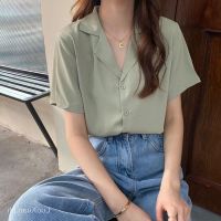 COD SDFGERTYTRRT Women short Sleeve Shirts Thin Casual Fashion Loose Shirt Tops Womens plus size Blouse 2021New-StyleinsSuit Collar Loose Preppy Style Light Green Short Sleeve Shirt Outerwear Top Women Oversized