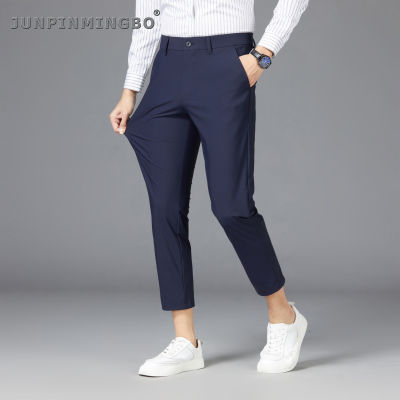JUNPINMINGBO กางเกงทำงานขายาวผ้าไอซ์ซิลค์ระบายอากาศได้ดี,กางเกงยีนส์ผู้ชายเข้ารูปพอดีฤดูร้อนกางเกงทำงานธุรกิจยืดได้ผ้าวัยรุ่น
