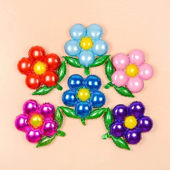 Five Petal Flower Green Leaves Aluminum Foil Balloons Birthday Party ...