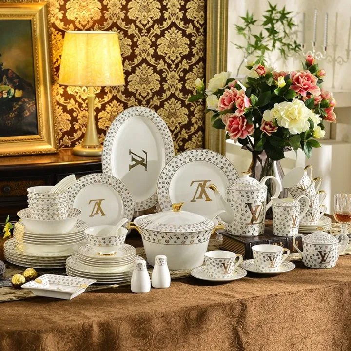 LV Louis Vuitton Inspired Elegant Luxury Gold Mosaic Plate Tea Set Cup  Saucers Dinnerware Set Bone China Gift Set