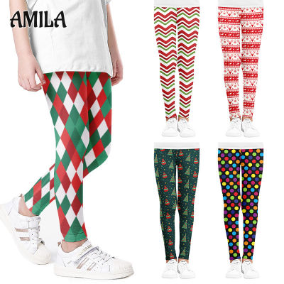 AMILA สาวเสื้อนอกเลกกิ้งความยืดหยุ่นสูงผอมกางเกงกีฬาพิมพ์ลายคริสต์มาส