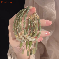 Fresh sky สร้อยข้อมือลูกปัดรูปข้อต่อทำจากไม้ไผ่สีเขียวย้อนยุคสไตล์จีนสำหรับผู้หญิงสร้อยข้อมือโลหะผสมแบบเรียบง่ายของขวัญเครื่องประดับ