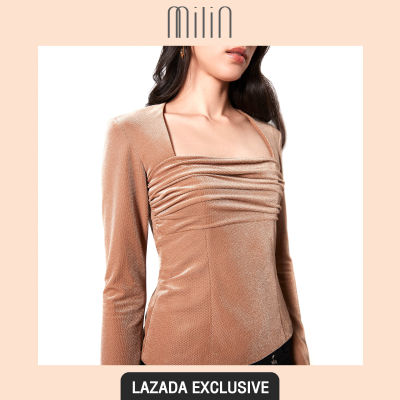 [EXCLUSIVE] [MILIN] Glittery velvet front ruched square neck long sleeve top  เสื้อคอเหลี่ยม แขนยาว จับรูดด้านหน้า ผ้ากลิตเตอร์ กำมะหยี่ Lloyd Top สีน้ำตาล/ สีเทา Velvet Brown/ Velvet Grey