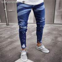 ✒Fashion กางเกงยีนส์ยืดผอม Masculino Angustiado Rasgado Freed Denim Calças Leves De Algodão Streetwear Fashion Dye