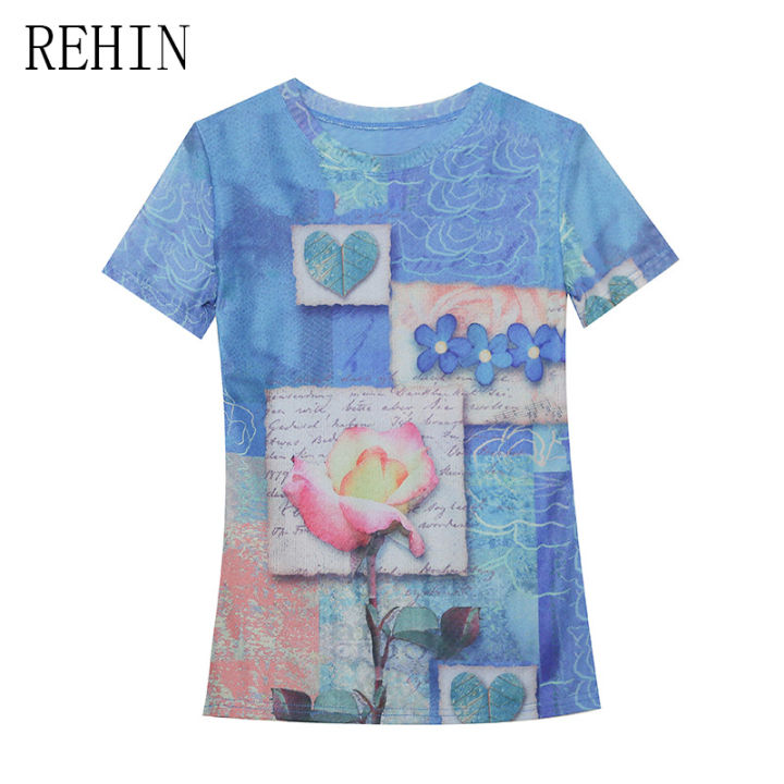 rehin-เสื้อตาข่ายฤดูร้อนแฟชั่นใหม่ของผู้หญิงเสื้อยืดแขนสั้นพิมพ์ลายการออกแบบลวดลายที่ไม่ซ้ำใครเสื้อยืดคอกลมบาง-s-3xl-เสื้อตามเทรนด์ที่สง่างาม