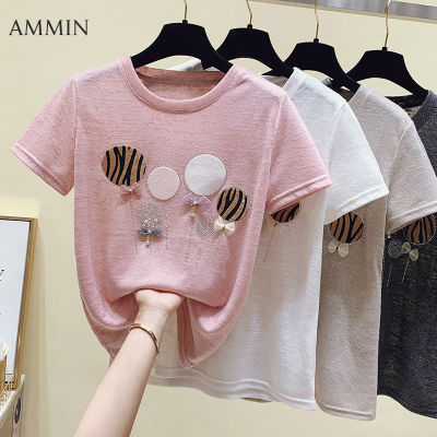 AMMIN เสื้อยืดคอกลมแฟชั่นสไตล์เกาหลีสำหรับผู้หญิง,เสื้อแขนสั้นปักเพชรสว่างเสื้อยืดผ้าฝ้ายแบบยืดดูหรูหราใหม่สำหรับฤดูร้อนปี2022