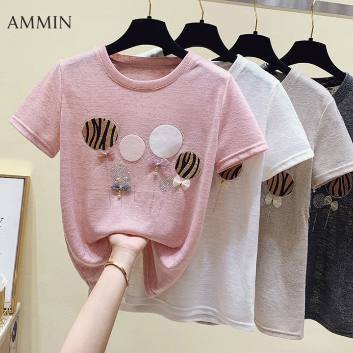 ammin-เสื้อยืดคอกลมแฟชั่นสไตล์เกาหลีสำหรับผู้หญิง-เสื้อแขนสั้นปักเพชรสว่างเสื้อยืดผ้าฝ้ายแบบยืดดูหรูหราใหม่สำหรับฤดูร้อนปี2022