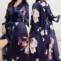 PLUS SIZE 5XL Female Long Robe Nightgown Set Navy Blue Print Flower Kimono Bathrobe Gown Spring Summer Loose Satin Home Wear