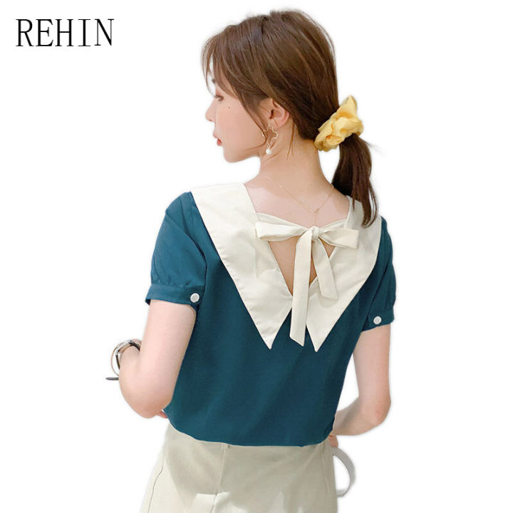 rehin-เสื้อเชิ้ตชีฟองแขนสั้นคอวีแบบฝรั่งเศส-เสื้อสีดำผูกโบว์บล็อกสีสำหรับผู้หญิงเสื้อฤดูร้อน