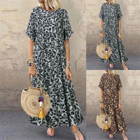 Women Casual O-Neck Short Sleeve Vintage Leopard Print Long Dress Womens Dress For New Year V Neck Short Dress