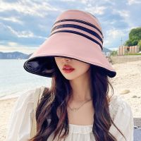 COD tjjs079 Summer New Fashion Ladies Cloth Hat Empty Top Breathable Big Brim Beach Hat Black Glue Foldable Velcro Adjustable Topi