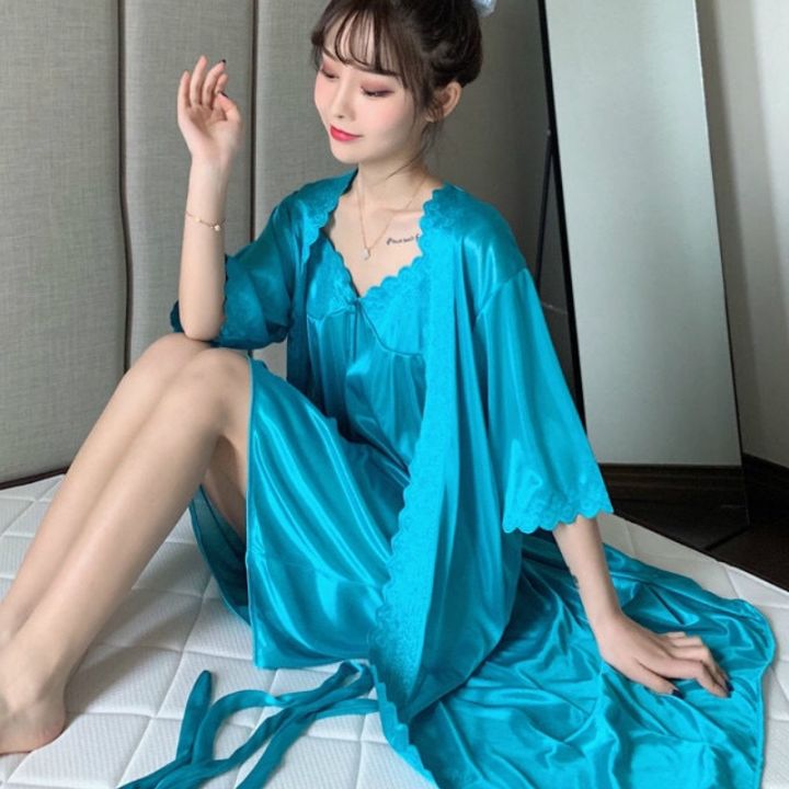 xiaoli-clothing-เสื้อคลุมยาวชุดชุดนอนผู้หญิงหน้าxiaoli-clothingครึ่งแขนพื้นอบอุ่นชุดนอนหลวมเซ็กซี่หวานหวาน2ชิ้นใหม่