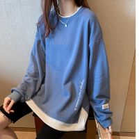 Special Offers 2022 Spring Autumn Loose T Shirt Cotton Blend Chic Patchwork Tees Slit Bottom Fashion Female Hoodies Pink Purple O Neck T-Shirt