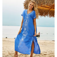 New Cover-up Beach Maxi Dress  Robe de Plage Embroidery Beach Cover Up Sarong Women Beach Pareo Tunic for Beach Swimwear