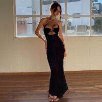 Available Black Halter Maxi Dresses for Women beach dress sexy party dinner พร้อมส่ง ชุดเดรสยาวสีดำผูกคอ ทรงเข้ารูปตามตัว ชุดสำหรับปาร์ตี้ เดินชายหาด ชุดดินเนอร์