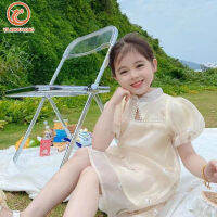 YA ZHOU LONG สาว Cheongsam เด็กพัฟแขนชุดเจ้าหญิงสไตล์จีนชุดมุกปกชุดดอกไม้