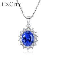 CZCITY Diana Princess Synthetic Sapphire Necklace 925 Silver Women Blue Gemstone Pendants Vintage Fine Jewelry Anniversary Gifts