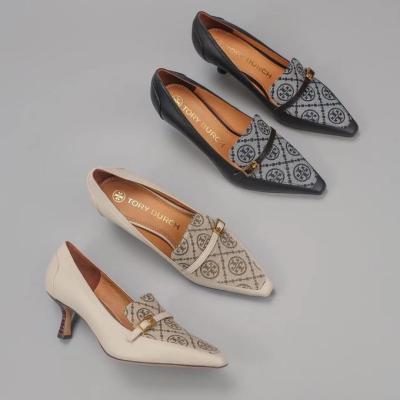 2023 new Tory Burch Ladys 2022 T Monogram cloth leather metal buckle pointed toe stiletto commuter shoes