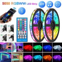 Cod ไฟ LED RGBWW แถบไฟ15เมตรกันน้ำเทปไดโอด25เมตร5050 RGB นำแถบแอพพ์บลูทูธไฟตกแต่ง Luces + อะแดปเตอร์ Luz นำสำหรับห้องพัก