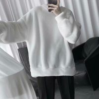 Black Lamb Wool Sweatshirt Mens Fleece-Lined Thick Round Neck Top Trendy Loose Fall Winter Coat Trendy Brand Ins Hong Kong Style