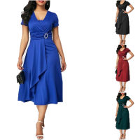 CD07 Plus size fashion womens slim short sleeve temperament asymmetric irregular V-neck solid color party evening dress