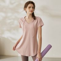 [COD] Loose sports top womens short-sleeved high-end running fitness mid-length hooded t-shirt Pilates yoga summer