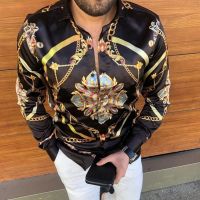 Fashion Trendy Hawaii Shirts Men Fashion Shirt Luxury Golden Shirts Long Sleeve Beach Blouse lattice Camisas Men Clothing