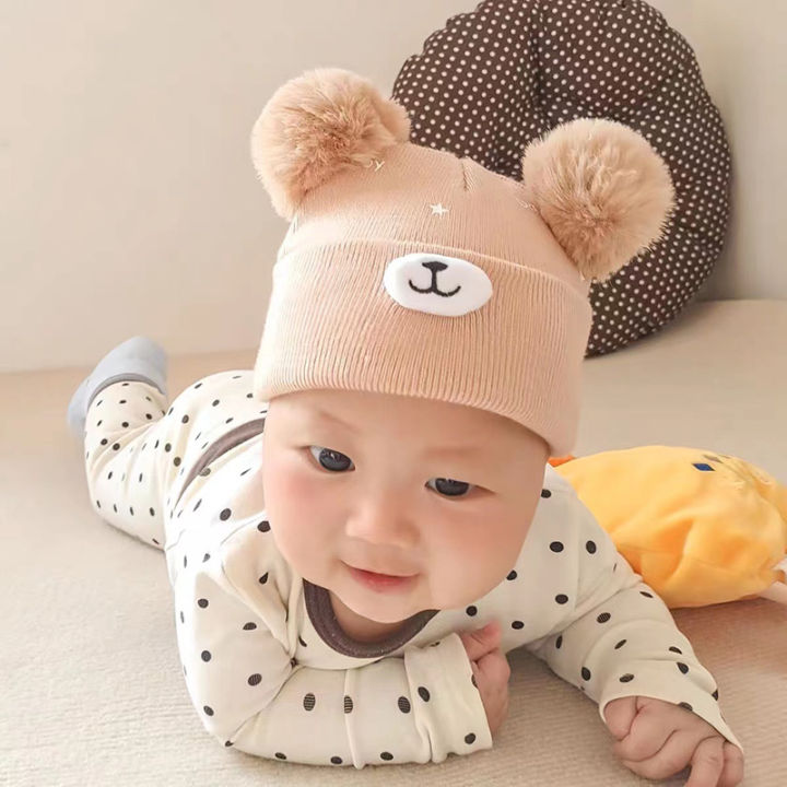 หมวกขนสัตว์ลายหมีทารกแรกเกิด-หมวกบีนนี่สำหรับเด็ก0-18เดือน