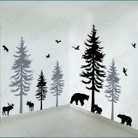 Wall stickers۩ 13guejudroto1971 Veados urso e pinheiros adesivos de parede crianças quarto adolescente selva floresta paisagem animais decalque da sala jogos vinil decoração