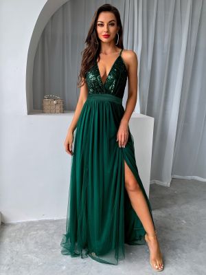 【YF】 Yissang Mesh Sequins V-neck Dress Women 2023 New Cocktail Party Dresses Backless Summer Maxi Long Bodycon Elegant
