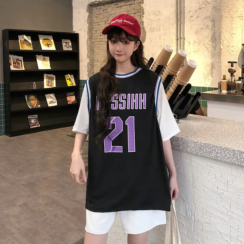 Short Sleeve Women 2020 Summer Wear New Style Korean Fan Jersey Vest T-shirt  Chic Basketball Wear Two-Piece on Clothes Cool GIRL'S