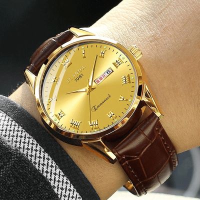 【Hot seller】 leather strap automatic movement watch pair waterproof luminous double calendar fashion genuine