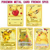 5PCS Francaise Pokemon Metal Cards Display Pokémon Pikachu Gold Carte Playing Game V VMAX French Card Collection Kids Toys Gift