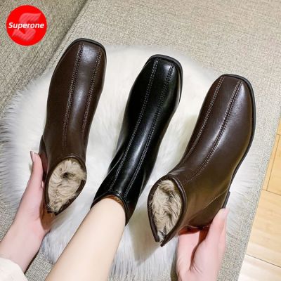 Women Ankle Boots Ladies Shoes Slip on Mid Calf Boots Platform Soft PU Leather plush Boot Footwear Woman Fashion Autumn Winter