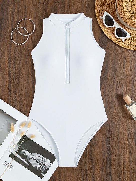 ชุดว่ายน้ำมีซิปด้านหน้าชุดว่ายน้ำอาบน้ำสำหรับผู้หญิงชุดว่ายน้ำสีเดียวสีขาว2023