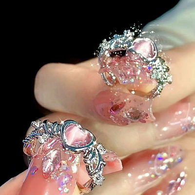 💖【Lowest price】MH แฟชั่นแหวนหัวใจแมวตาพีชปรับขนาดได้แหวนผู้หญิงแฟชั่นประณีตงานแต่งงานของขวัญเครื่องประดับ