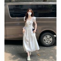 White temperament square collar puff sleeve dress womens summer French style design chic tea break Super fairy princess long skirt