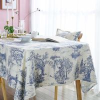 【LZ】✱ஐ  Rustic Tablecloth Classic French Village Blue Printed Linen Fabric Table Cover Rectangle/Oblong for Kitchen   Dining Room TJ7005