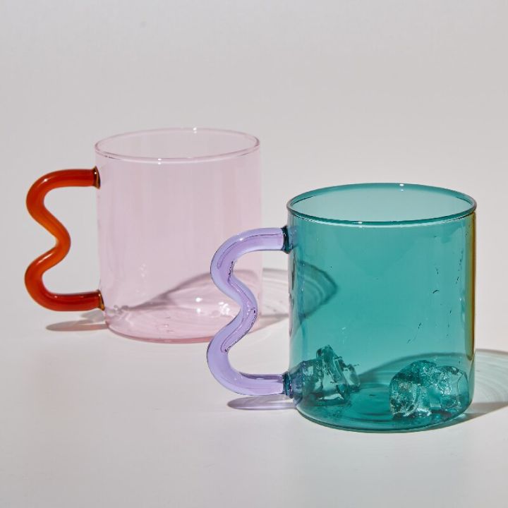 เหยือกแก้วหูสีสันสดใสแบบแก้วกาแฟทำมือแก้วกาแฟเป็นคลื่นสำหรับเป็นของขวัญของร้อนแก้วน้ำภาชนะดื่ม300มล-nmckdl