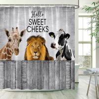 Farm Animals Shower Curtain Giraffe Lion Cow Vintage Grey Wooden Board Hello Sweet Bath Curtains Cloth Bathroom Decor with Hooks