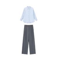 【Ready】? 2023 Early Autumn Temperament Hong Kong Style Advanced Sense Light Cooked Style Royal Sister Fried Street Shirt Wide-leg Pants Two-piece Suit Female