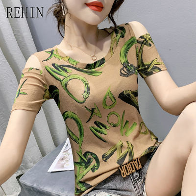 REHIN ผู้หญิงฤดูร้อนใหม่ที่ไม่มีสายหนังพิมพ์เสื้อยืดแขนสั้นคอกลม Slim Fit Eleganr S-3XL เสื้อ