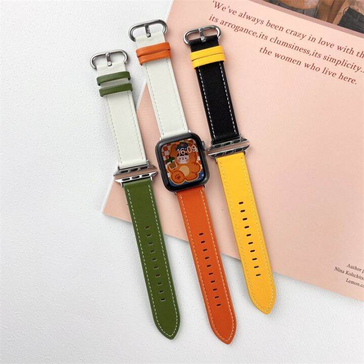 hot-sale-applicable-to-apple-watch-applewatch7-contrast-splicing-two-color-leather-strap-se65432-generation-men-and-women-wristbands