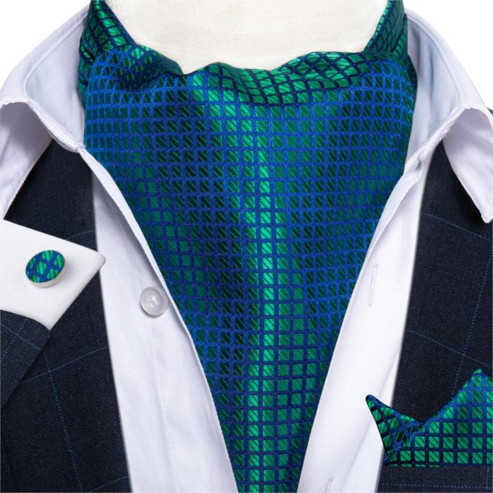 mens-vintage-สีเขียวสีฟ้าตรวจสอบผ้าไหมเนคไท-cravat-ascot-tie-ผ้าเช็ดหน้าชุดผูกงานแต่งงาน-ascot-scrh-เนคไท-dibangu