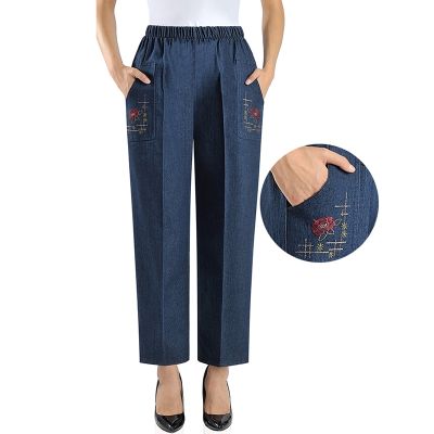 Elderly Womens Jeans Spring Autumn New Embroidery Elastic High Waist Mother Cowboy Pants Loose Large Size Grandma Trousers 1415