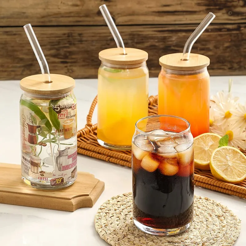 Drinking Glasses with Bamboo Lids and Glass Straw 16oz Can Shaped Glass  Cups, Beer Glasses, Iced Coffee Glasses