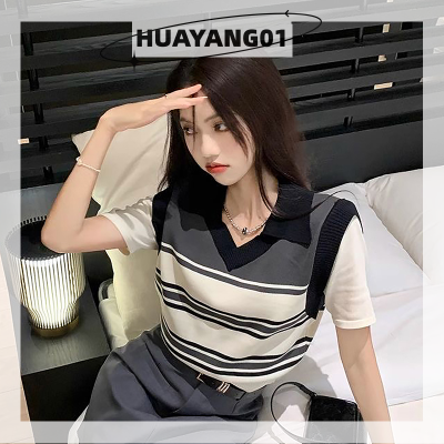 HUAYANG01 [2023 new HOT FASHION] lazlook เสื้อยืดถักลายทางแนวเรโทรสำหรับผู้หญิงเสื้อครอปแขนสั้นคอวีสำหรับฤดูร้อน