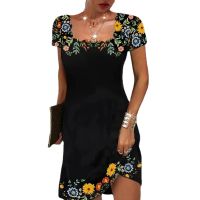 2023 Summer Womens Wavy Neck Print Short-sleeve Dress Elegant Casual Floral Theme Printed Female Fashionable Knee Length Dress