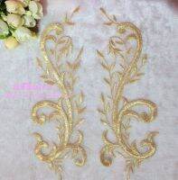 Hot Sale 1 Pair 24*10cm 3 Colors High Quality Lace Applique Diy Gold Flower Embroidery Fabric Patch Fabric  Material