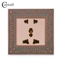 Coswall เต้ารับติดผนังแผงโลหะผสมสังกะสีแบบย้อนยุคสีบรอนซ์แดงปลั๊กไฟสากล5ขา AC 220 ~ 250V